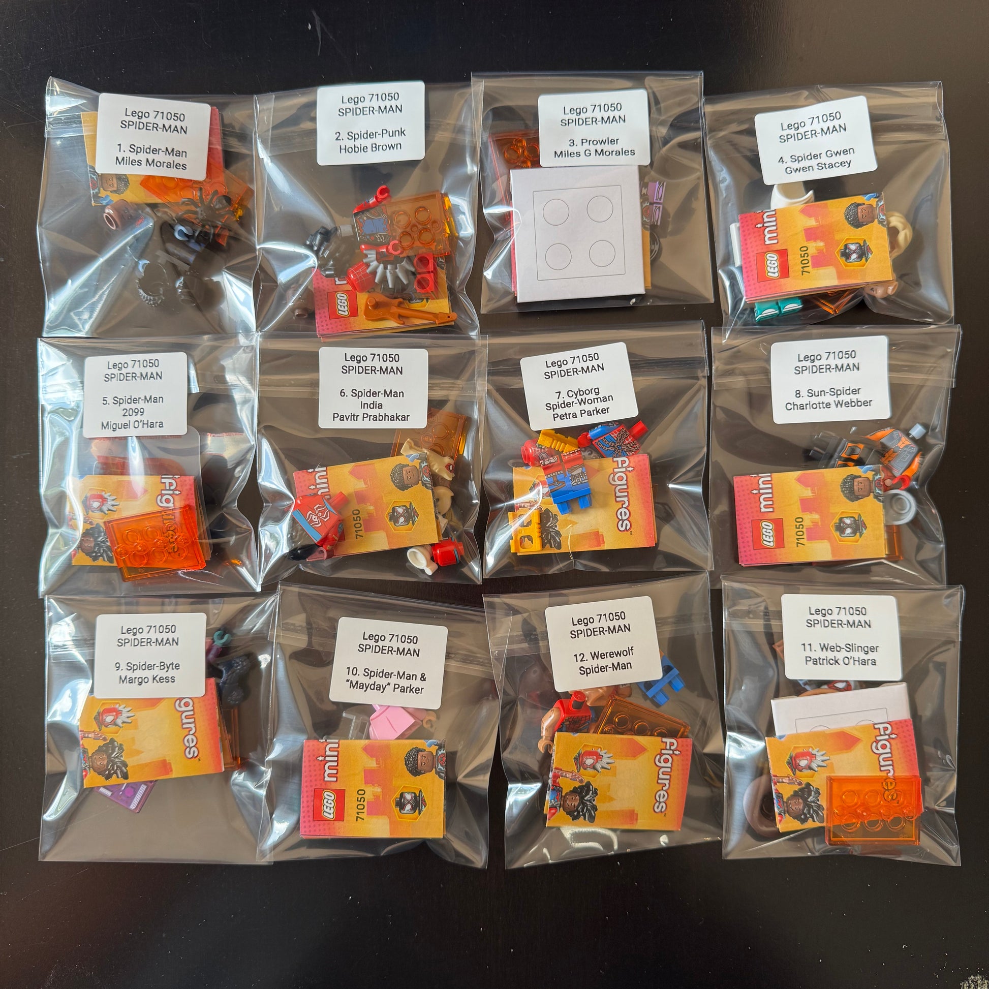LEGO 71050 Spider-Man Across the Spider-Verse complete set of 12 minifigures